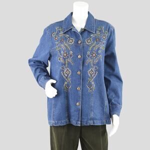 Vintage Dressbarn Embroidered Floral Denim Shirt Women's Plus Size